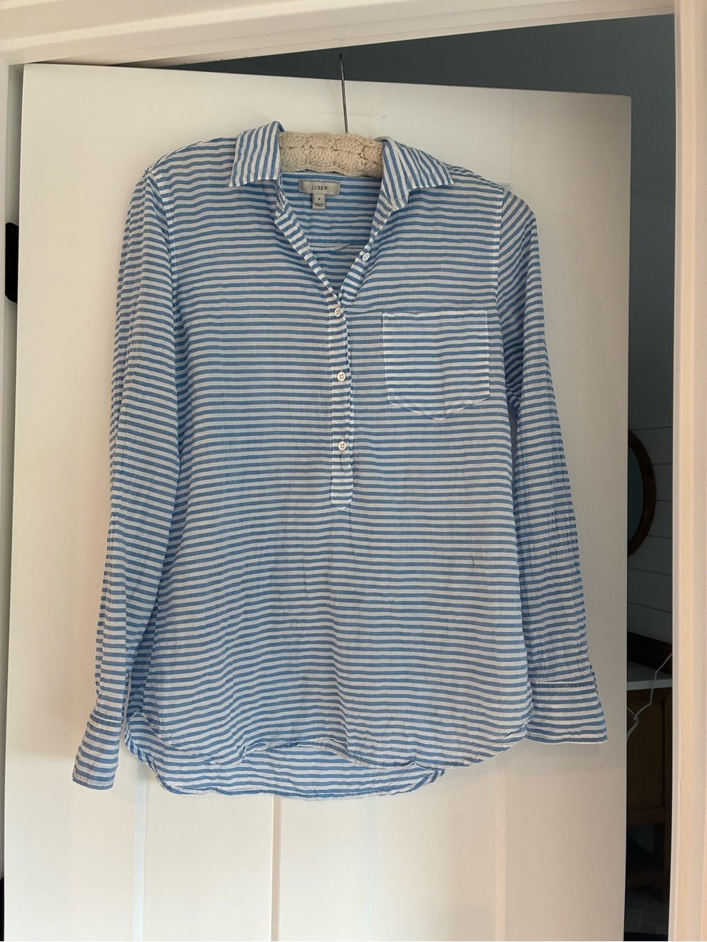 J Crew Light Blue & White Striped Cotton Button up Henley Shirt coastal oversize
